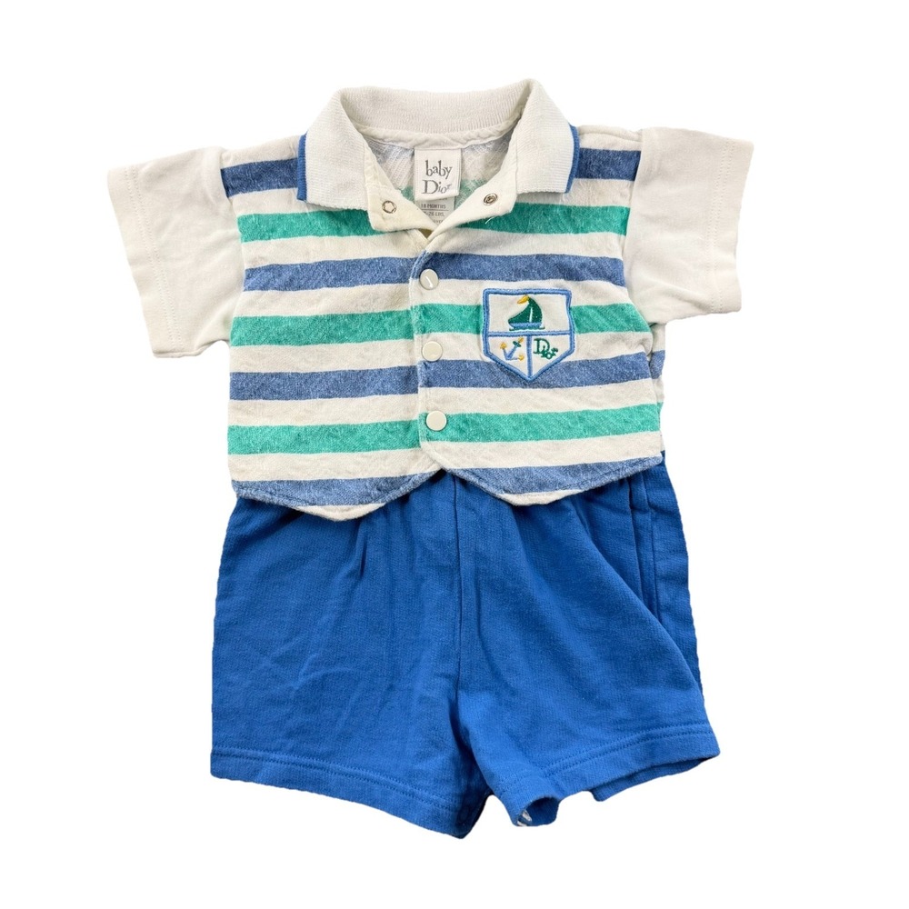 VTG Baby Dior Nautical Romper Set Boys 18M Sailboat Blue Striped Shortall Outfit